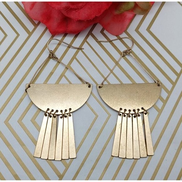 Lot of 2 Gold Tone Dangle Drop Earrings Art Deco Semi Circles and Crystal Hoops - Picture 4 of 10